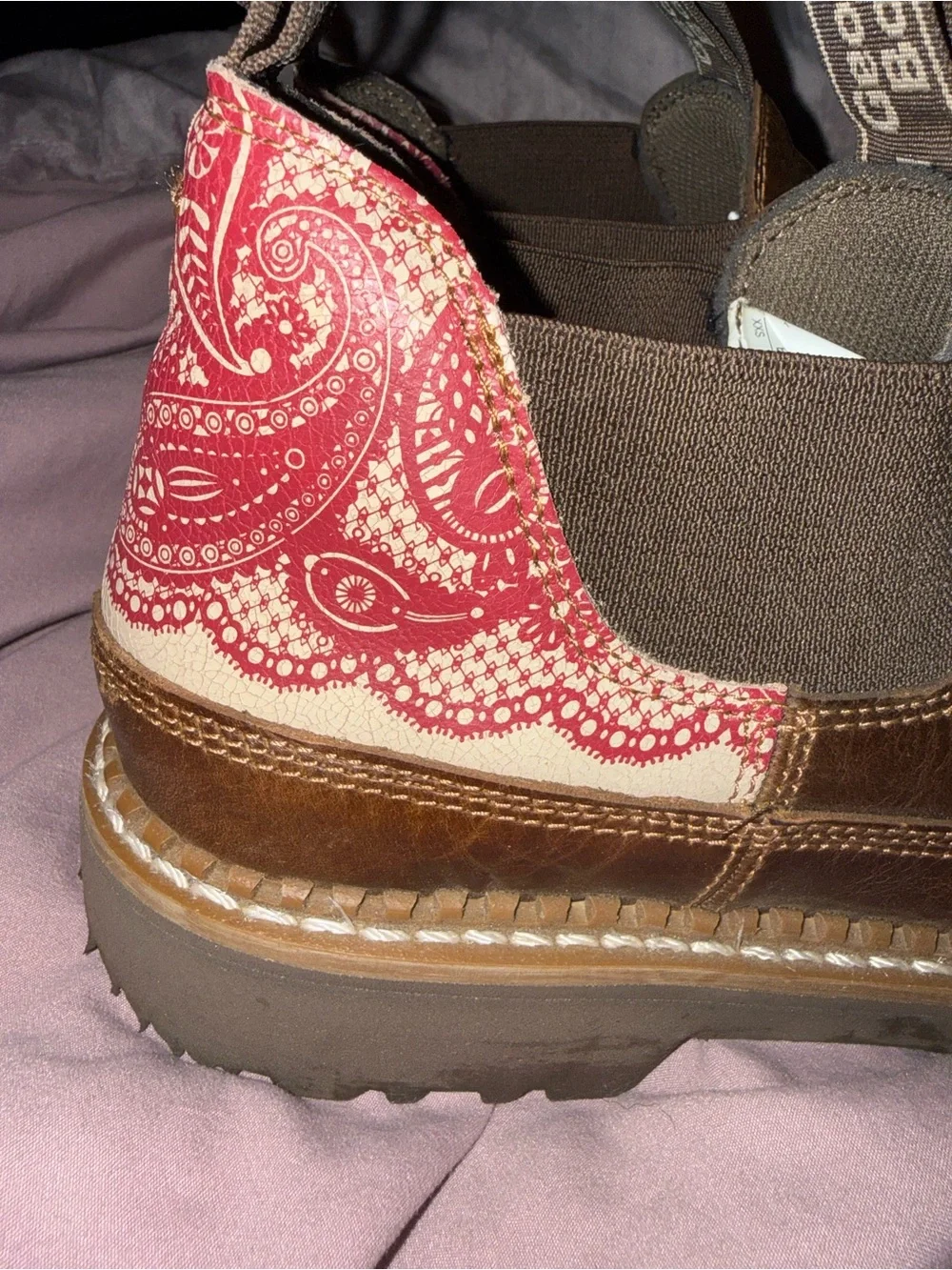 Georgia Boot Brown Leather Slip-On Ankle Booties with Pink Paisley Heel Panels
